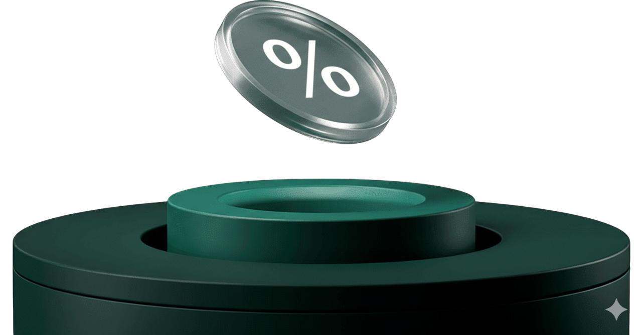 A dark green cylindrical container with a transparent lid featuring a white flame logo, shown in mid-air above the container.