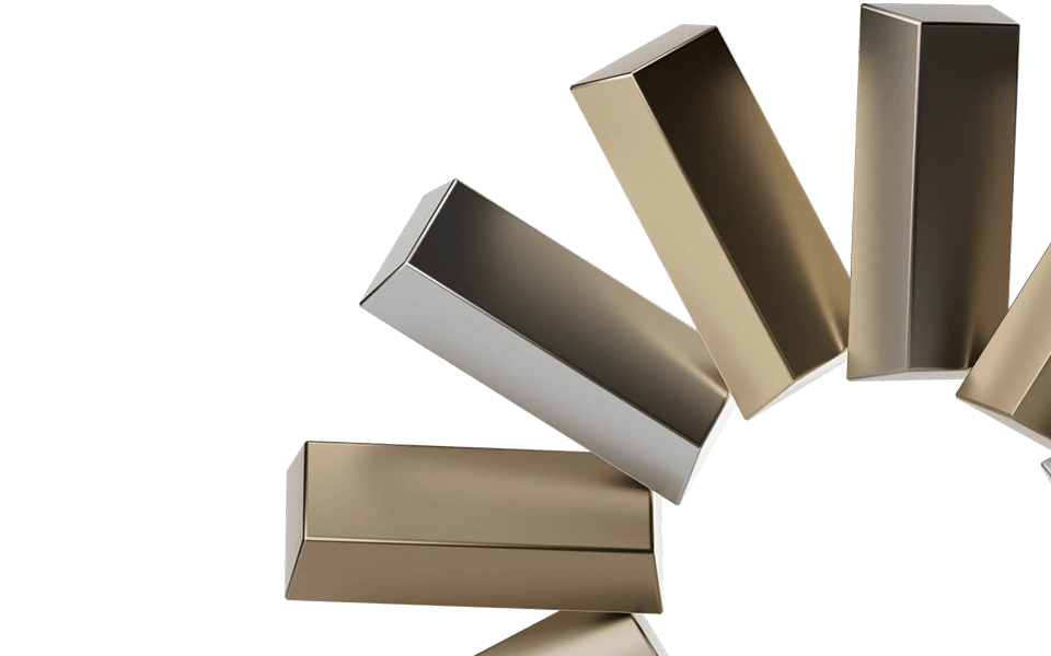 Several metallic rectangular boxes in gold and silver shades are arranged in a dynamic, tilted formation against a neutral background.